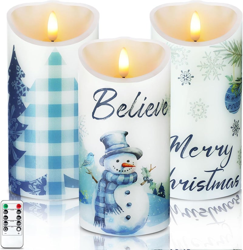 ROCEEI Store 3 Pcs Christmas Snowflake Style Candles Battery Operated LED Candles Winter Christmas Snowflake Style Pillar Flickering Real Wax Decorations for Indoor Table Decor Xmas Gifts Holiday Party - Image 1